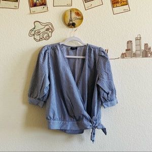 A.N.A  Blue White Striped 1/2 Sleeve Waist Tie Detail Wrap Top Size Large